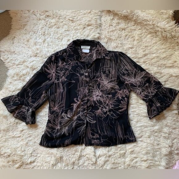 Vintage Laura Funky Black & Tan Patterned Semi Sheer Chiffon Button Up Blouse - Picture 1 of 3